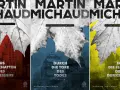 Drei Buchcover von Martin Michaud mit stilisierten Blättern und Stadtansichten in Rot, Blau und Gelb.