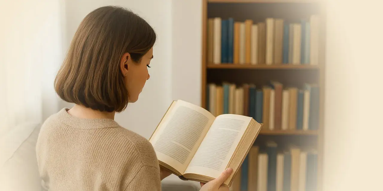 Junge Frau liest ein Buch vor einem Bücherregal.