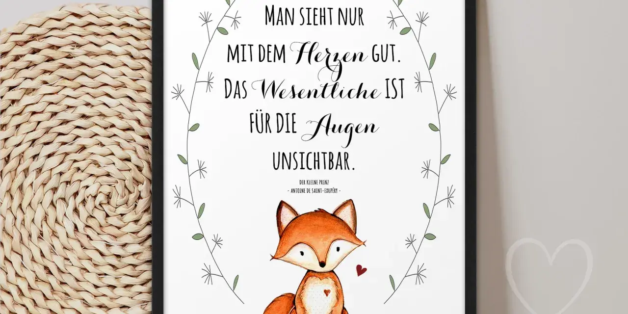 Gerahmtes Bild mit Fuchs und Zitat aus "Der kleine Prinz": "Man sieht nur mit dem Herzen gut.