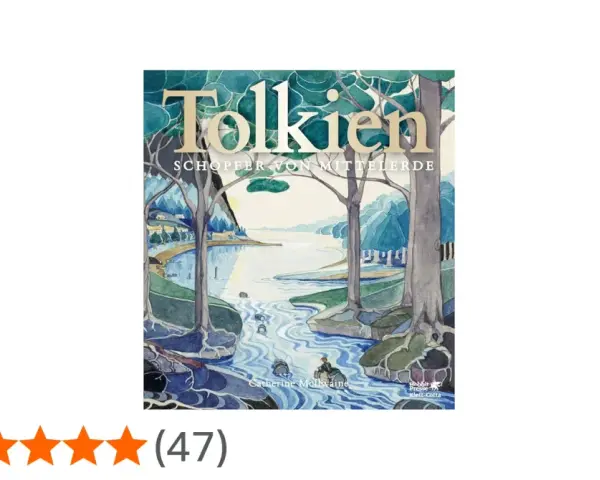 Gemälde mit dem Titel "Tolkien Schöpfer von Mittelerde" zeigt eine Flusslandschaft mit Bäumen und einem Boot.