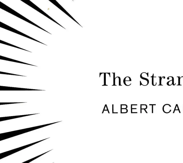 Abstrakte schwarze Linien auf weißem Hintergrund mit dem Titel "The Stranger" und "ALBERT CAMUS".